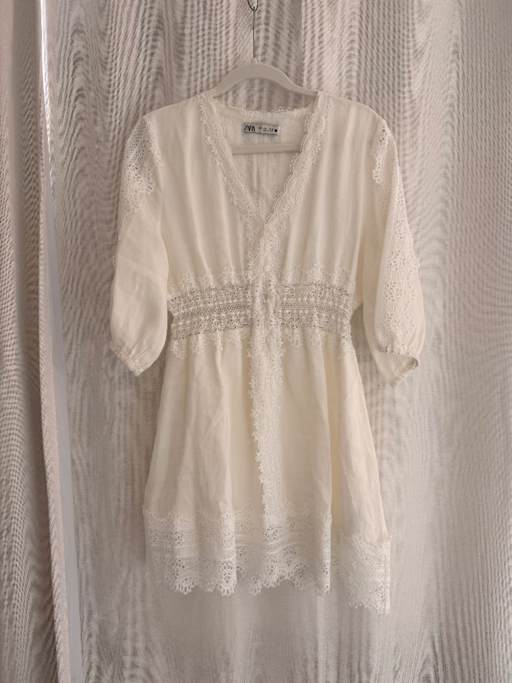 Zara White Lace Embroidered V-Neck Boho Mini Dress Size Large